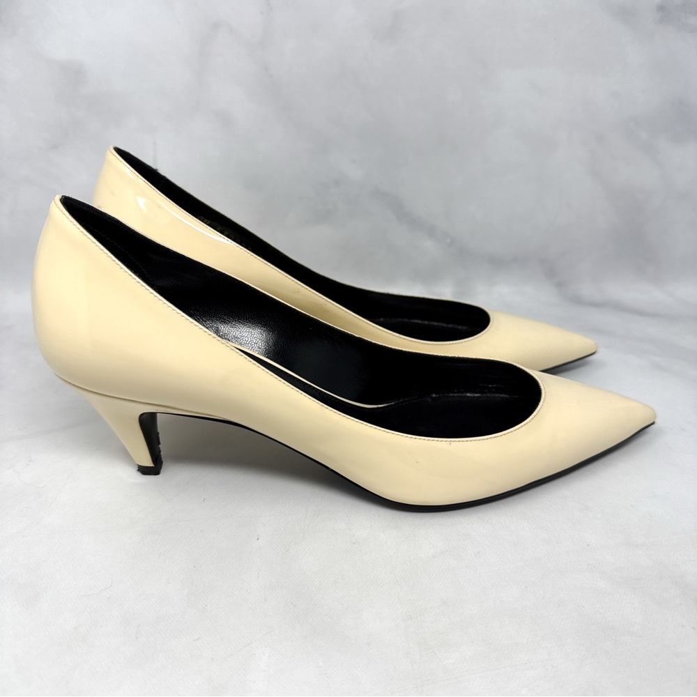 Saint Laurent Charlotte 55 Patent Leather Pointed Toe Kitten Heel Pumps Ivory - Picture 2 of 15
